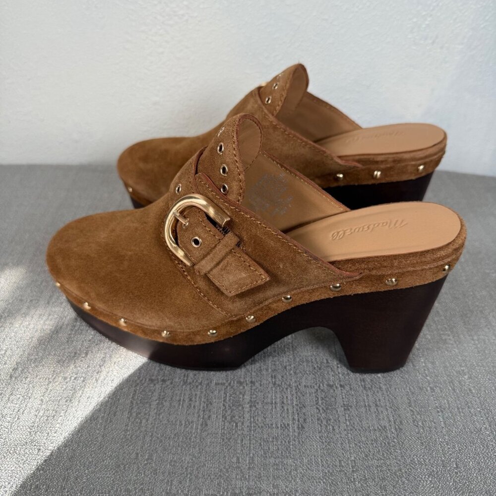 Madewell The Wes Buckle-Strap Clog Brown Suede Gold Studded Heels Platform 7 - Picture 10 of 16